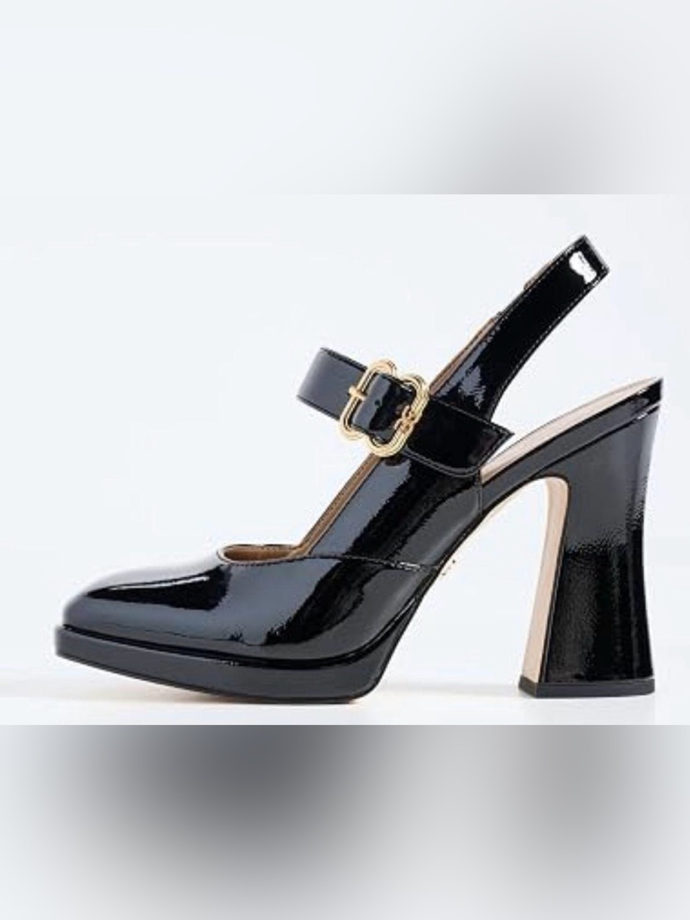 Sam Edelman Patent Black Mary Jane Slingback Block Heel with Gold Buckle Sz 7.5